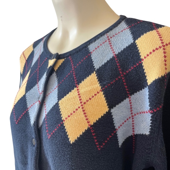 Liz Claiborne Vintage Cotton Argyle Cardigan Sweater Blue Yellow Large - Picture 4 of 8